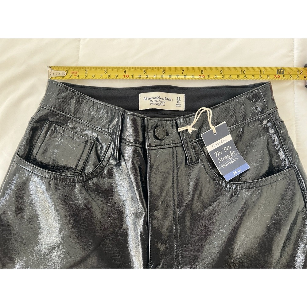 Abercrombie & Fitch 90's Straight Ultra High Rise Vegan Leather Pants Blue Shiny - Picture 8 of 9